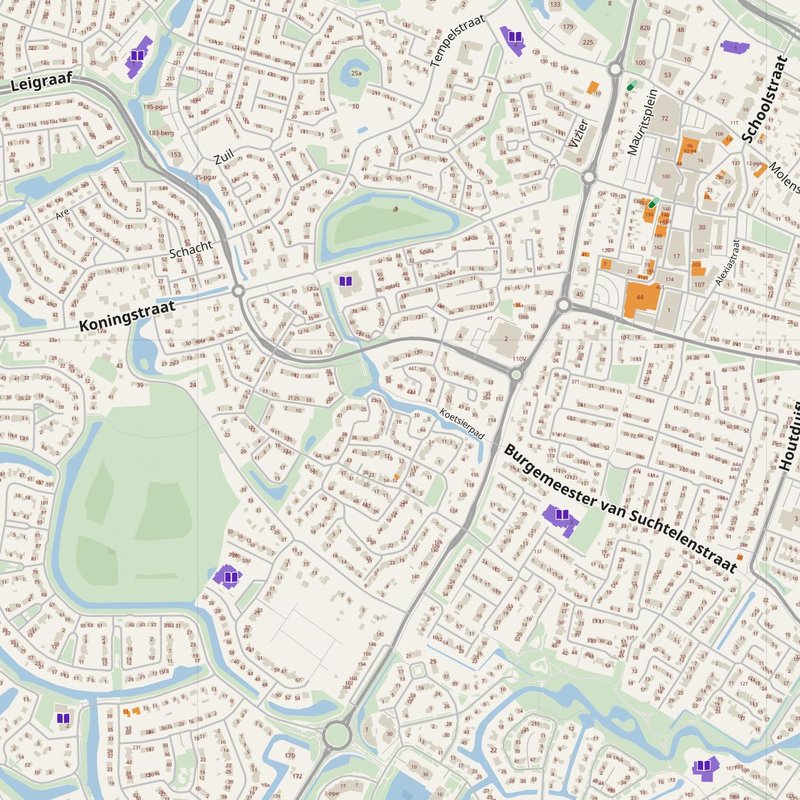 Beuningen map with house numbers, hospitals, police and fire stations — printable PDF, Netherlands