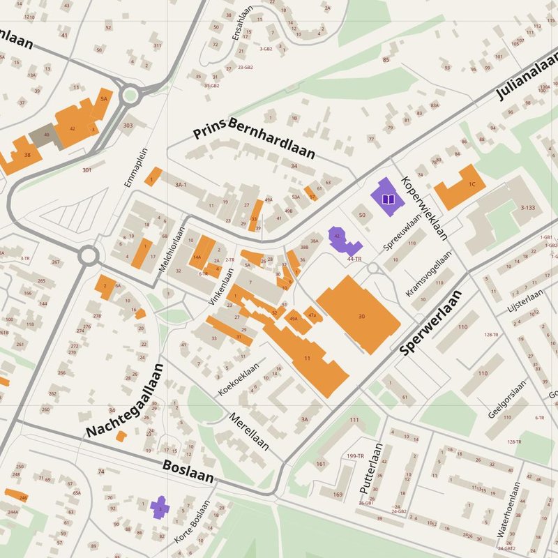 Bilthoven map with house numbers, hospitals, police and fire stations — printable PDF, Netherlands