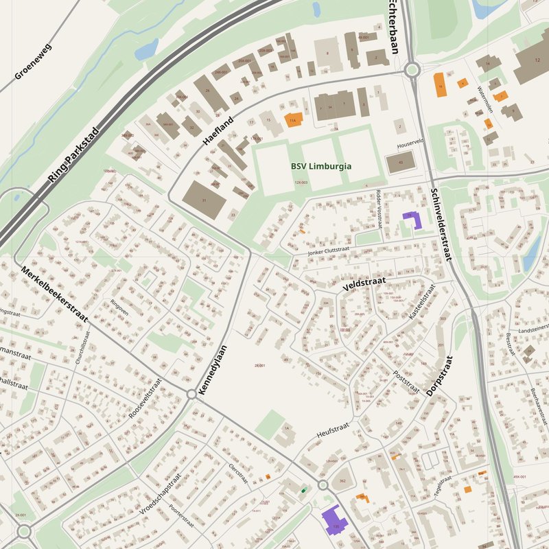 Brunssum map with house numbers, hospitals, police and fire stations — printable PDF, Netherlands