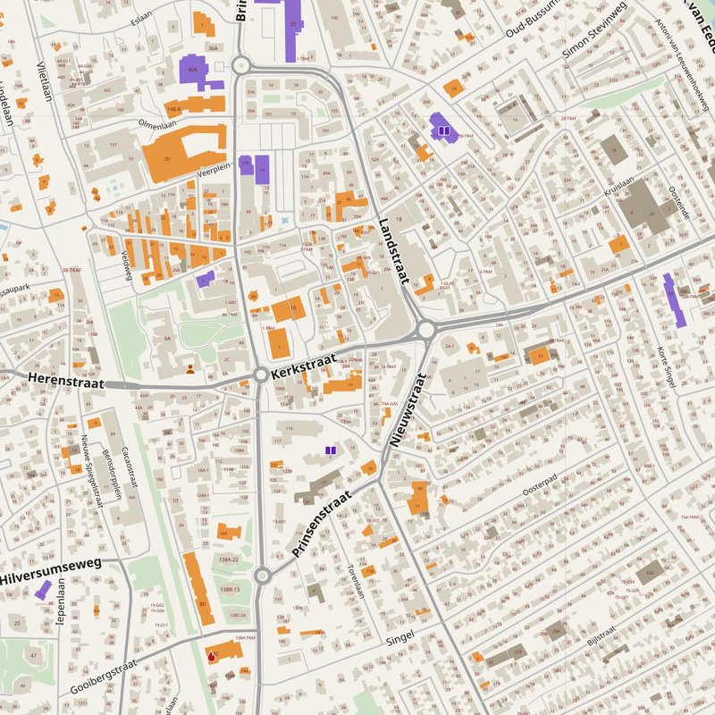 Bussum map with house numbers, hospitals, police and fire stations — printable PDF, Netherlands