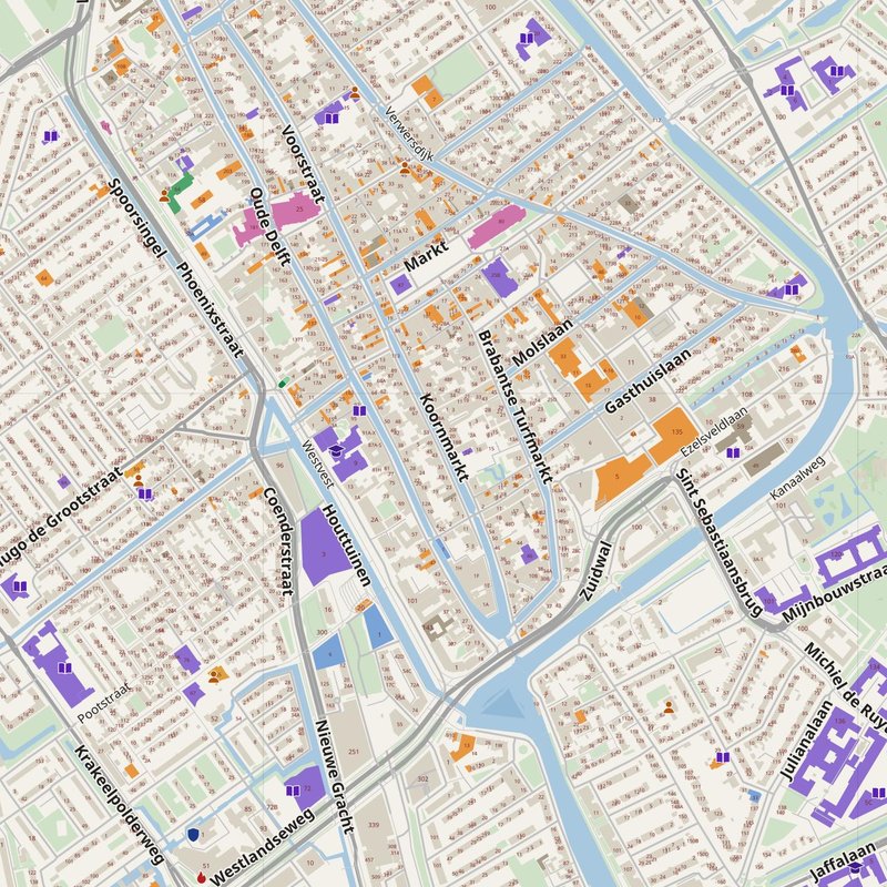 Delft map with house numbers, hospitals, police and fire stations — printable PDF, Netherlands