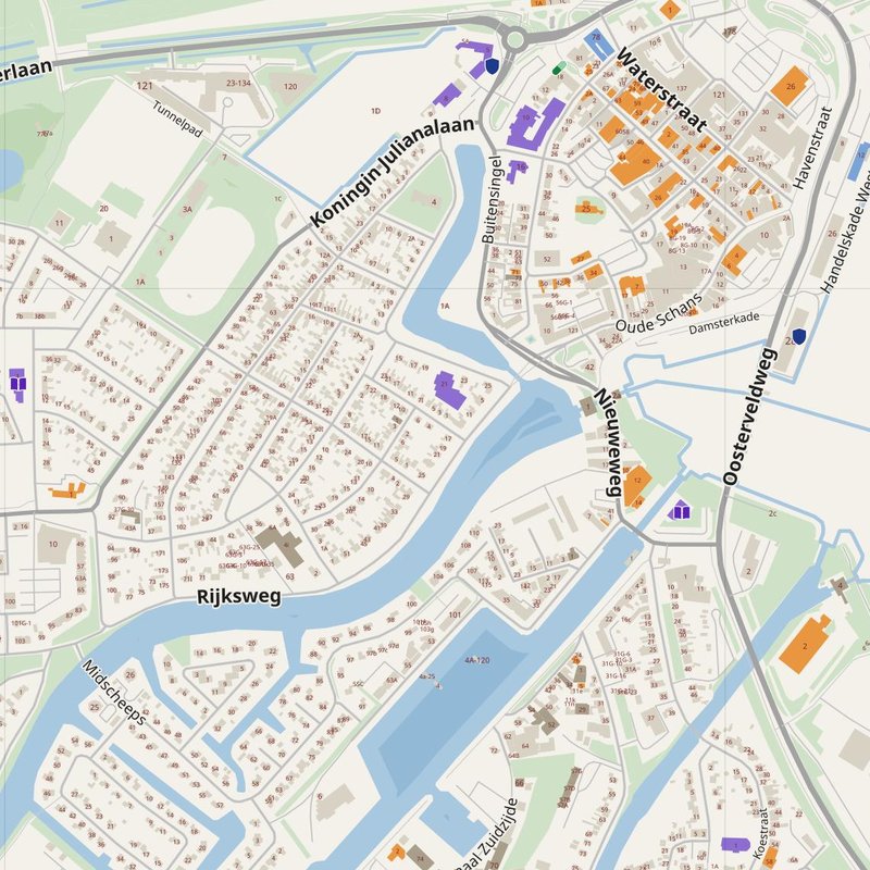 Delfzijl map with house numbers, hospitals, police and fire stations — printable PDF, Netherlands