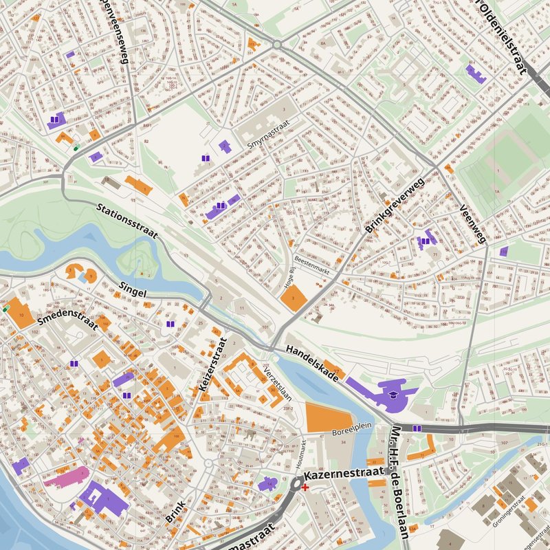 Deventer map with house numbers, hospitals, police and fire stations — printable PDF, Netherlands