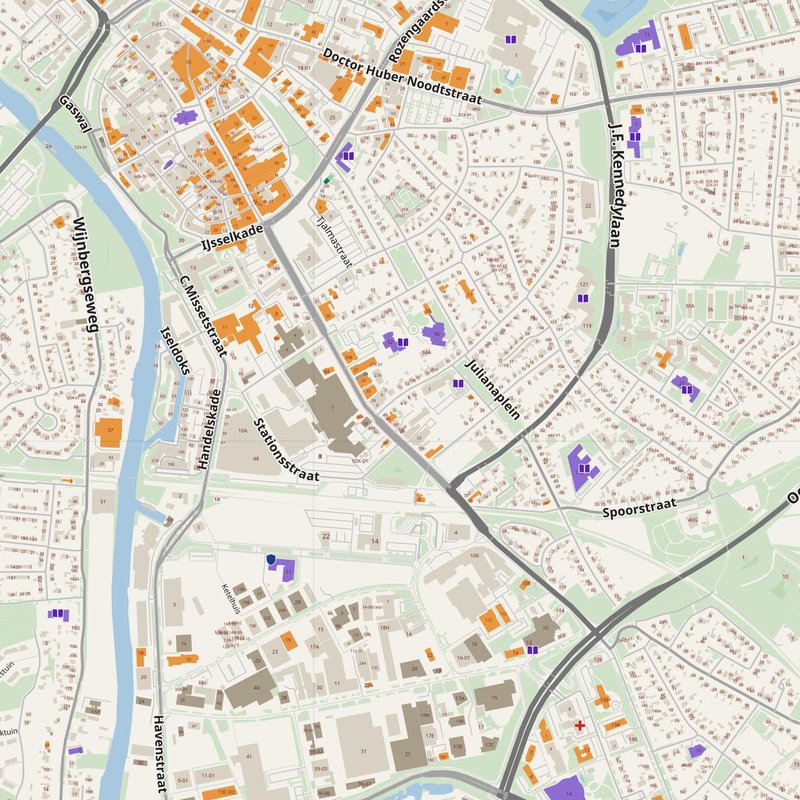 Doetinchem map with house numbers, hospitals, police and fire stations — printable PDF, Netherlands