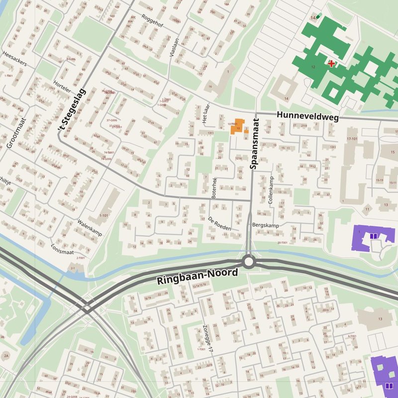 Duiven map with house numbers, hospitals, police and fire stations — printable PDF, Netherlands