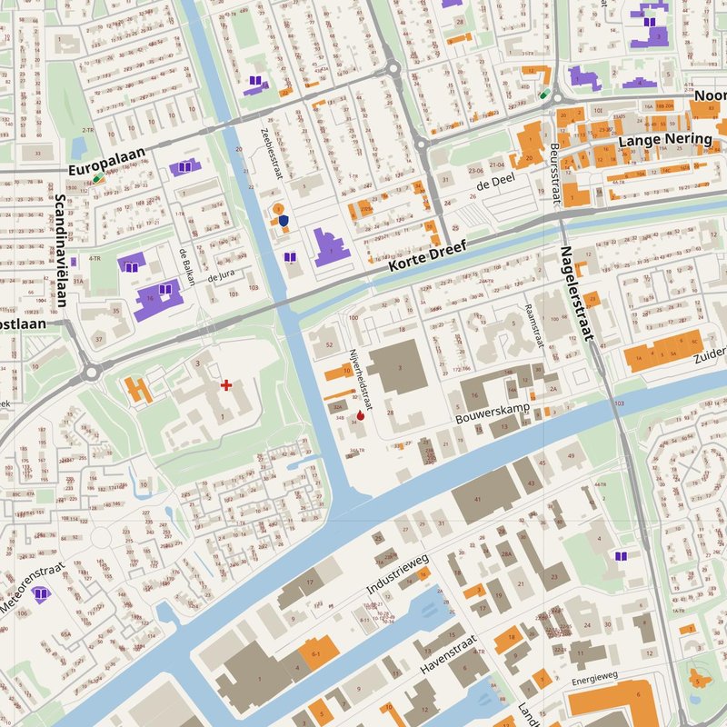 Kaart van Emmeloord met huisnummers, ziekenhuizen, politie en brandweer — printbare PDF, Nederland