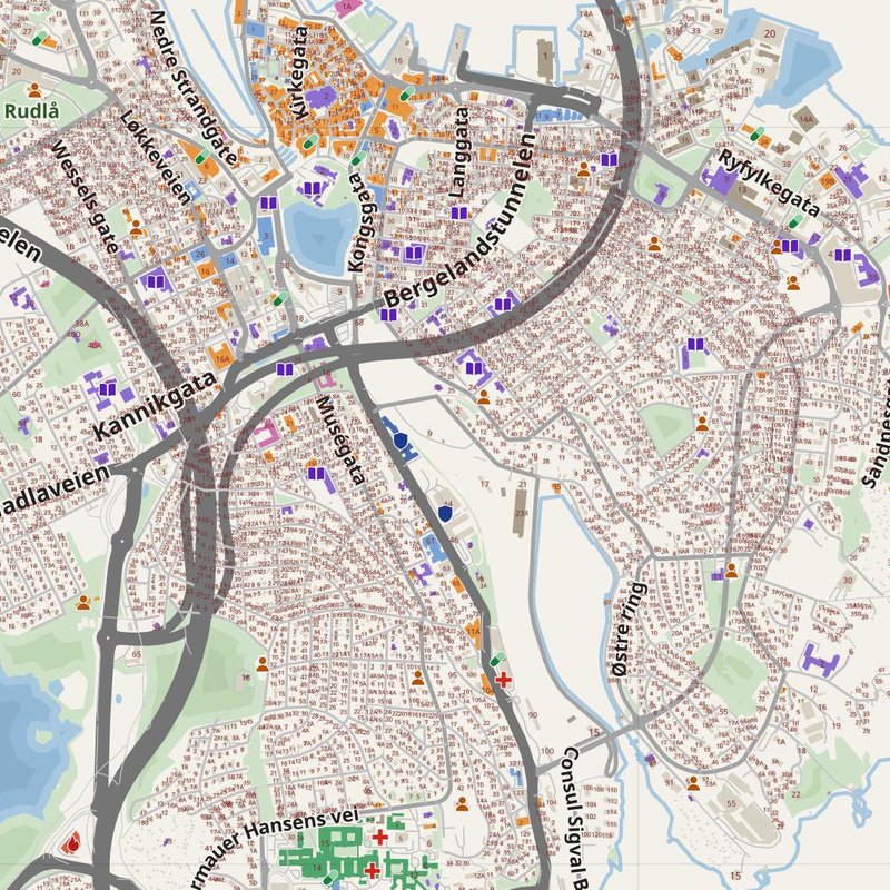 Stavanger map with house numbers, hospitals, police and fire stations — printable PDF, Norway
