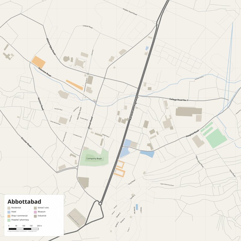 Plan des rues de Abbottabad imprimable en poster, Pakistan