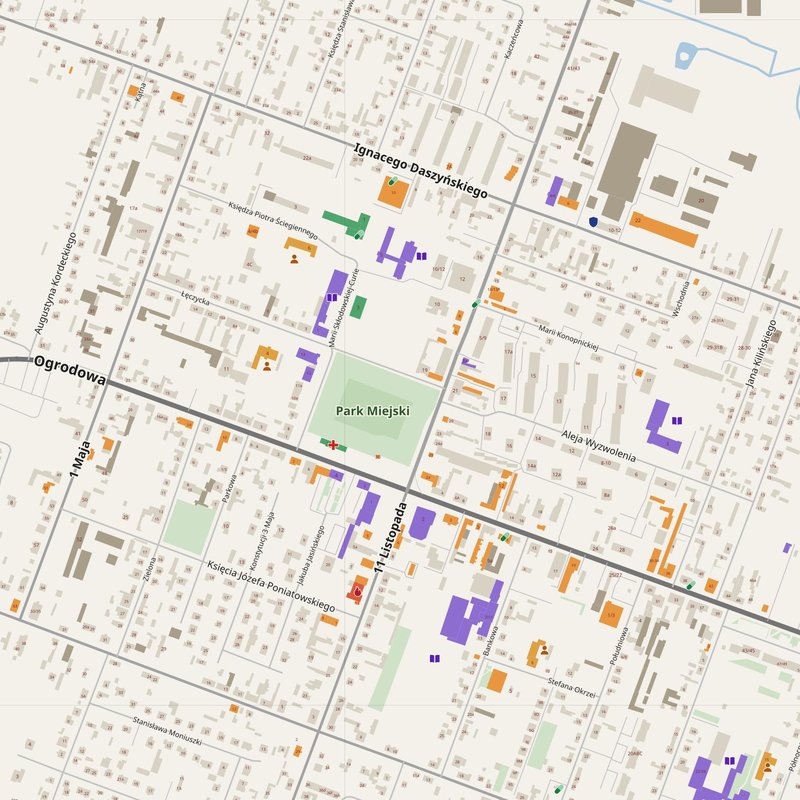 Aleksandrów Łódzki map with house numbers, hospitals, police and fire stations — printable PDF, Poland