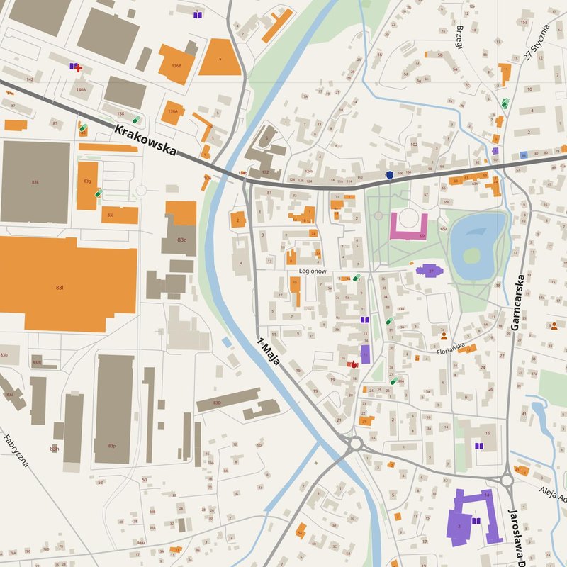Andrychów map with house numbers, hospitals, police and fire stations — printable PDF, Poland