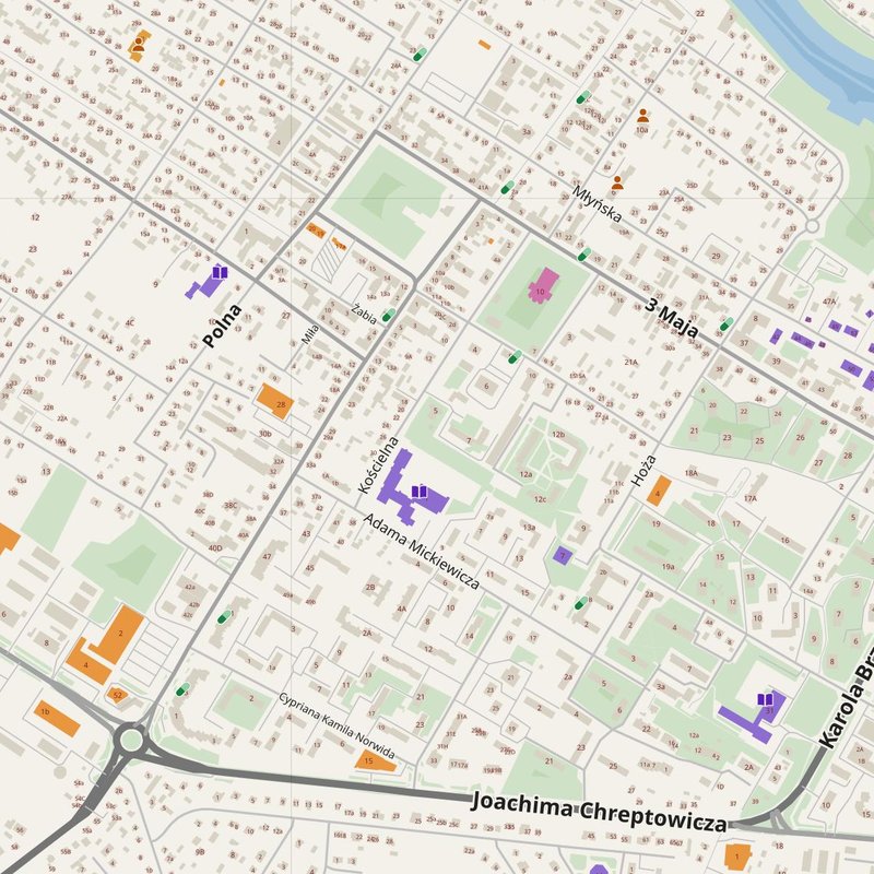 Augustów map with house numbers, hospitals, police and fire stations — printable PDF, Poland