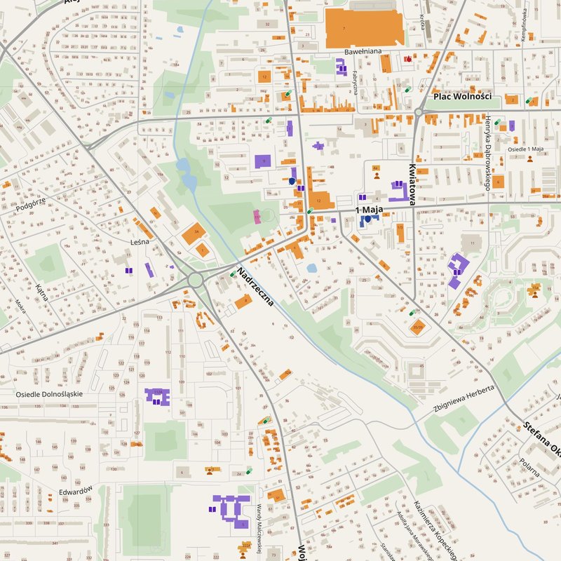 Bełchatów map with house numbers, hospitals, police and fire stations — printable PDF, Poland