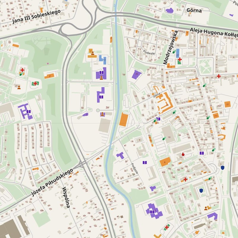 Będzin map with house numbers, hospitals, police and fire stations — printable PDF, Poland