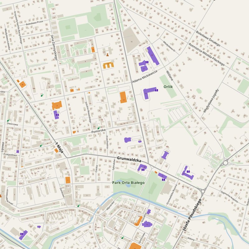 Białogard map with house numbers, hospitals, police and fire stations — printable PDF, Poland