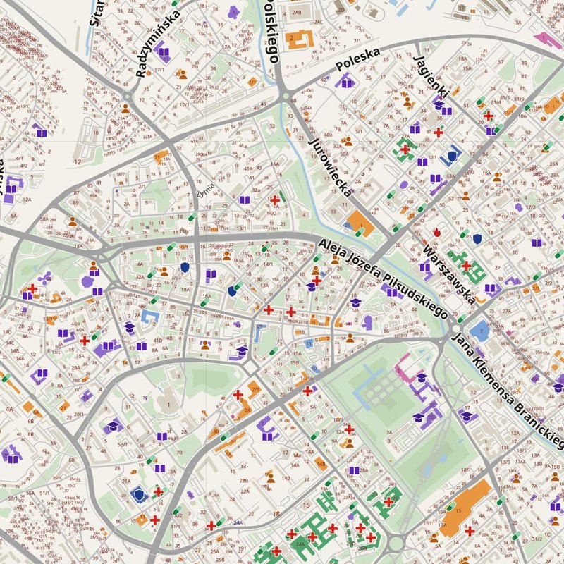 Białystok map with house numbers, hospitals, police and fire stations — printable PDF, Poland