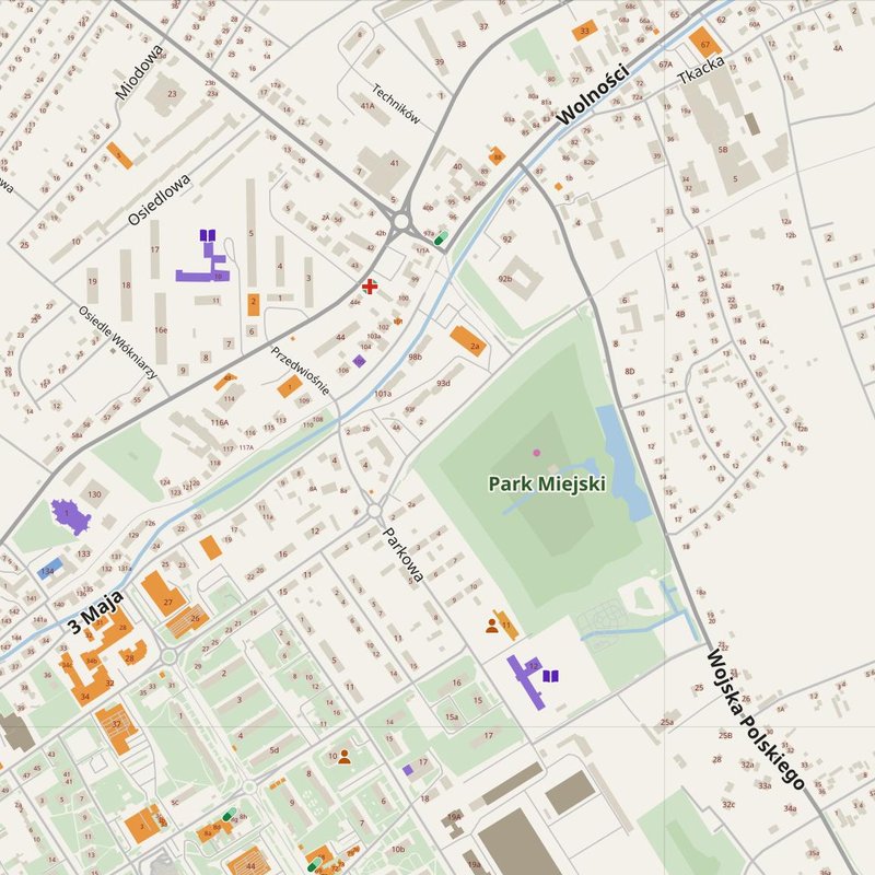 Bielawa map with house numbers, hospitals, police and fire stations — printable PDF, Poland