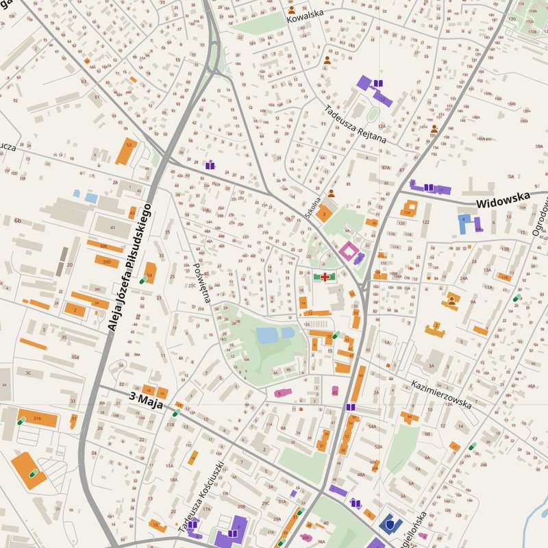 Bielsk Podlaski map with house numbers, hospitals, police and fire stations — printable PDF, Poland