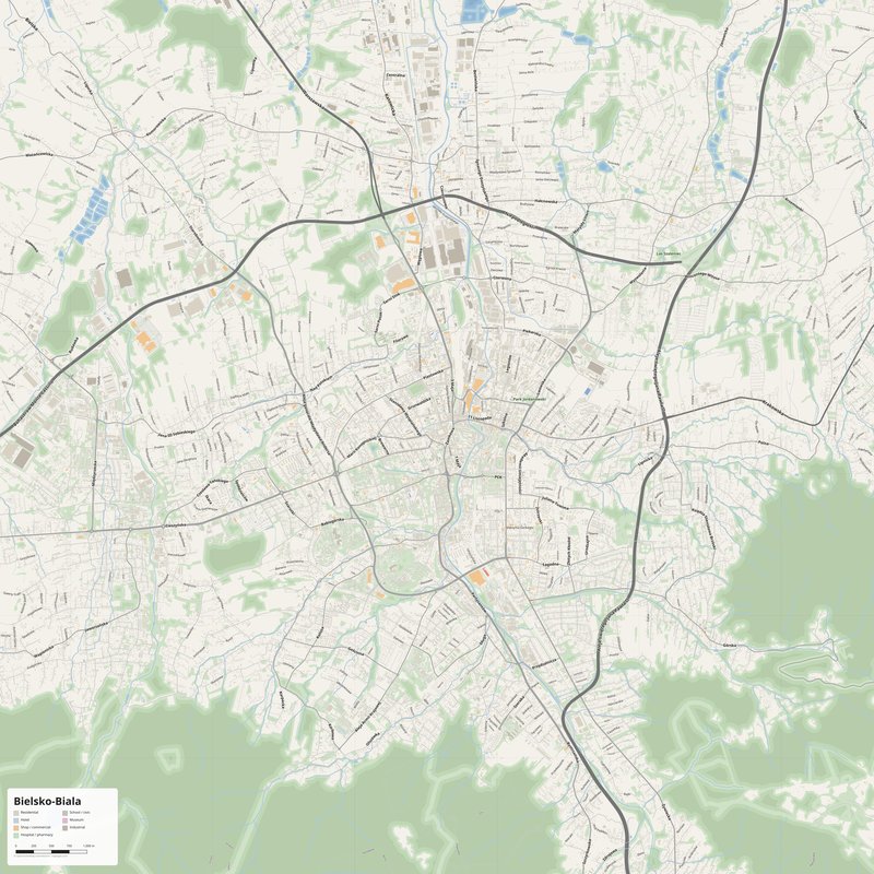 Bielsko-Biala Map PDF — Printable Street Map Poster with House Numbers