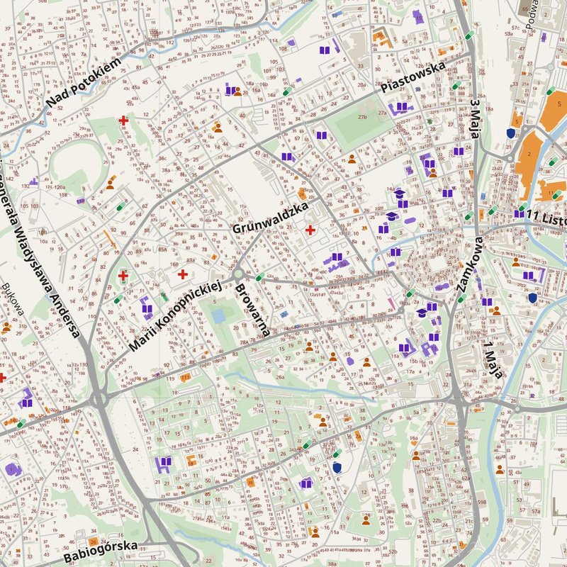 Bielsko-Biala map with house numbers, hospitals, police and fire stations — printable PDF, Poland