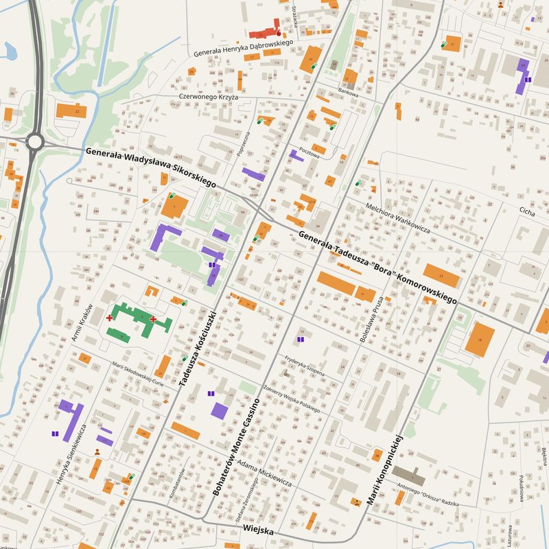 Biłgoraj map with house numbers, hospitals, police and fire stations — printable PDF, Poland