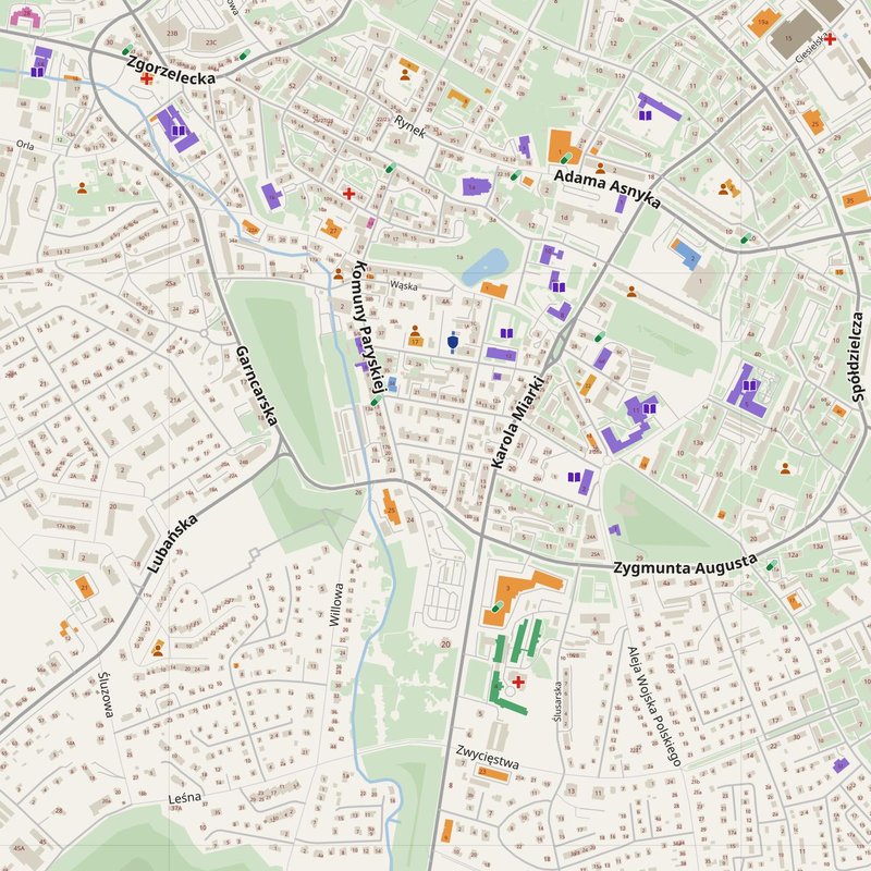 Bolesławiec map with house numbers, hospitals, police and fire stations — printable PDF, Poland