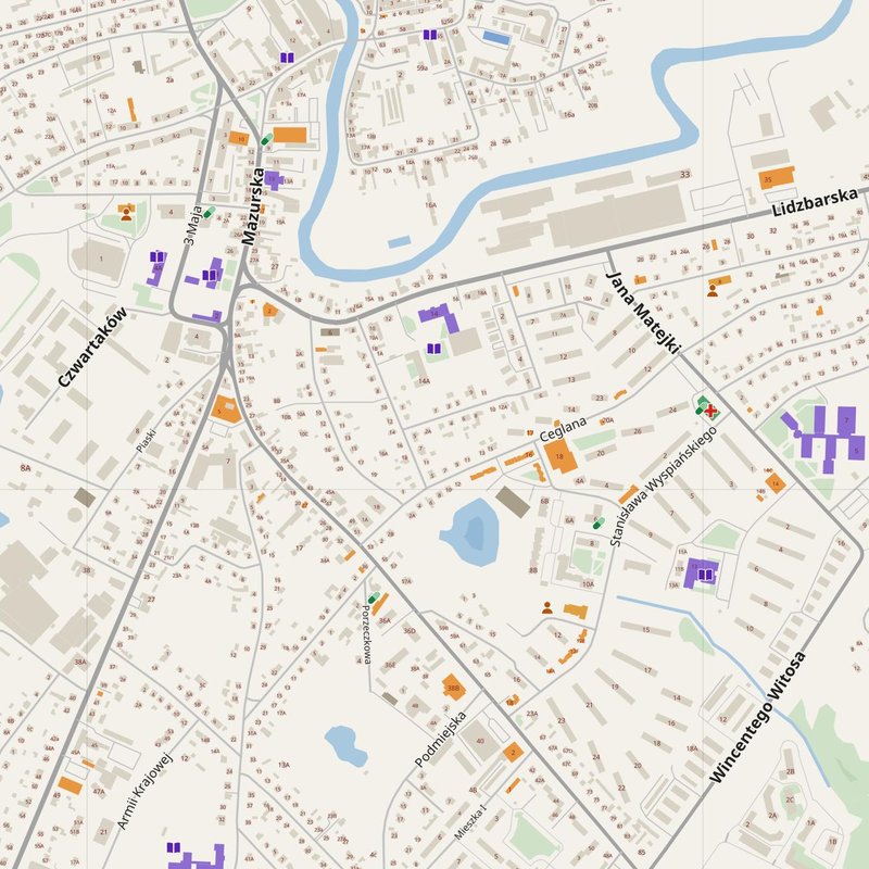 Brodnica map with house numbers, hospitals, police and fire stations — printable PDF, Poland