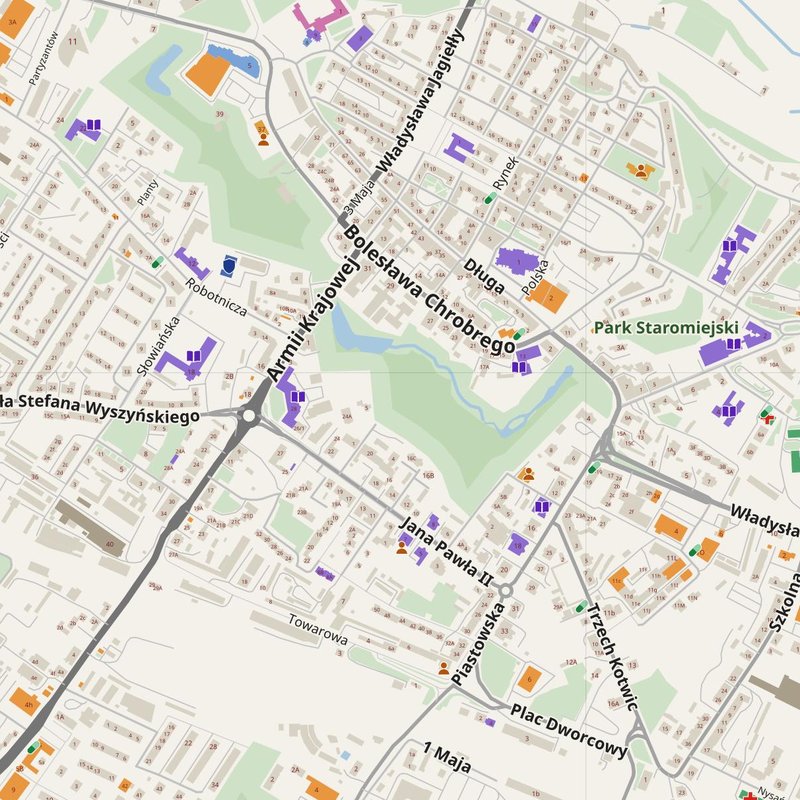 Brzeg map with house numbers, hospitals, police and fire stations — printable PDF, Poland