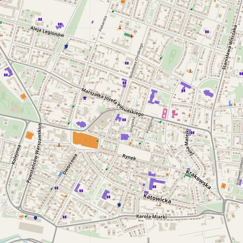 Bytom map with house numbers, hospitals, police and fire stations — printable PDF, Poland