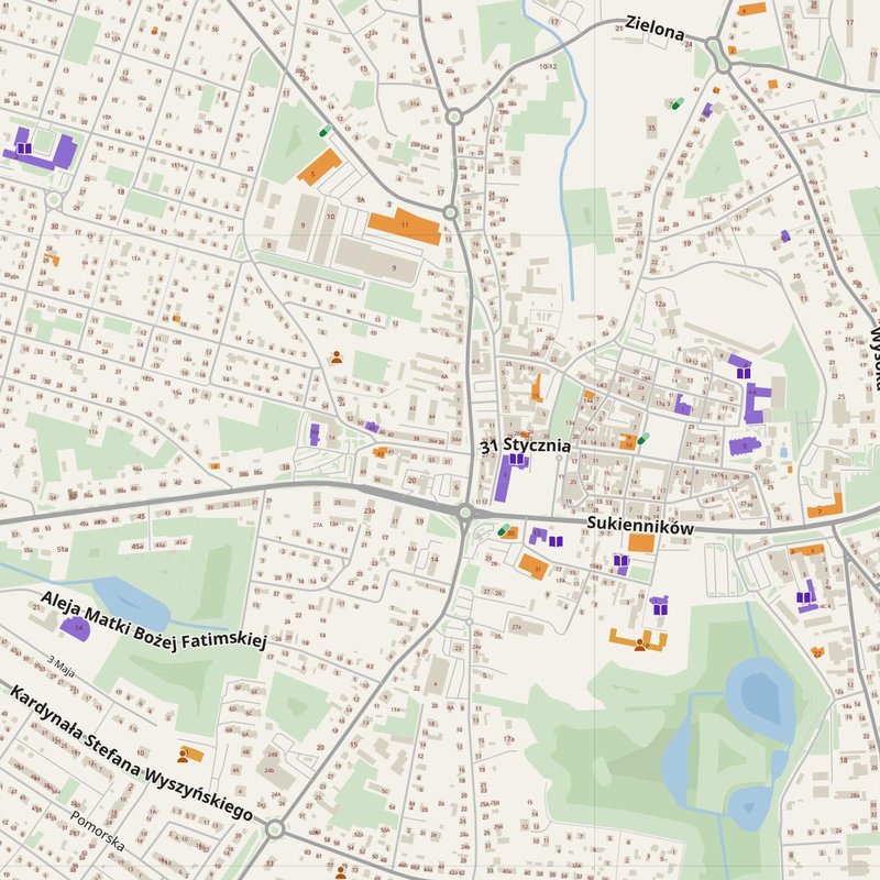 Chojnice map with house numbers, hospitals, police and fire stations — printable PDF, Poland