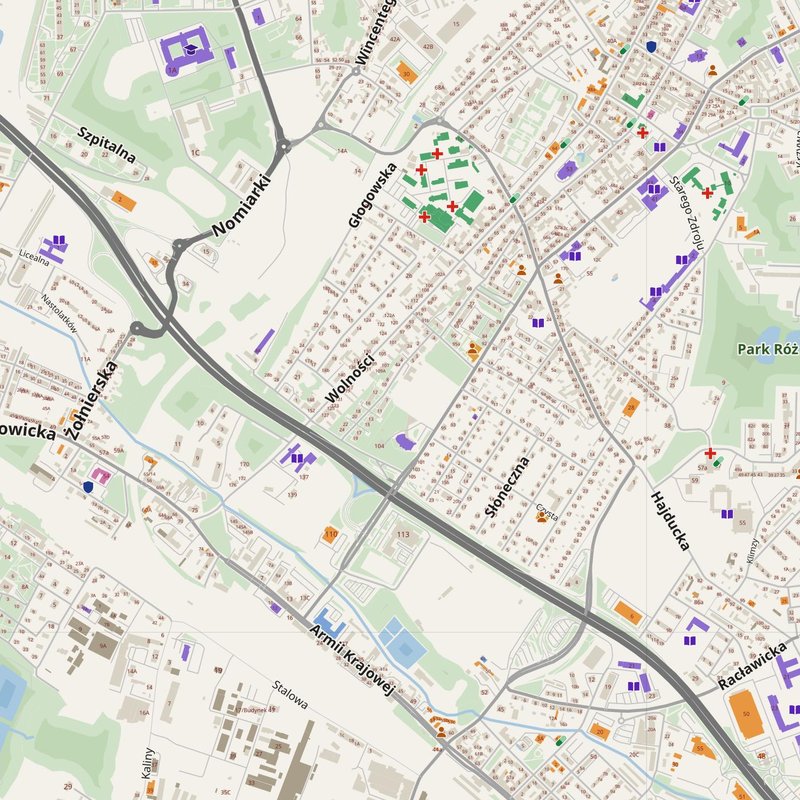 Chorzów map with house numbers, hospitals, police and fire stations — printable PDF, Poland