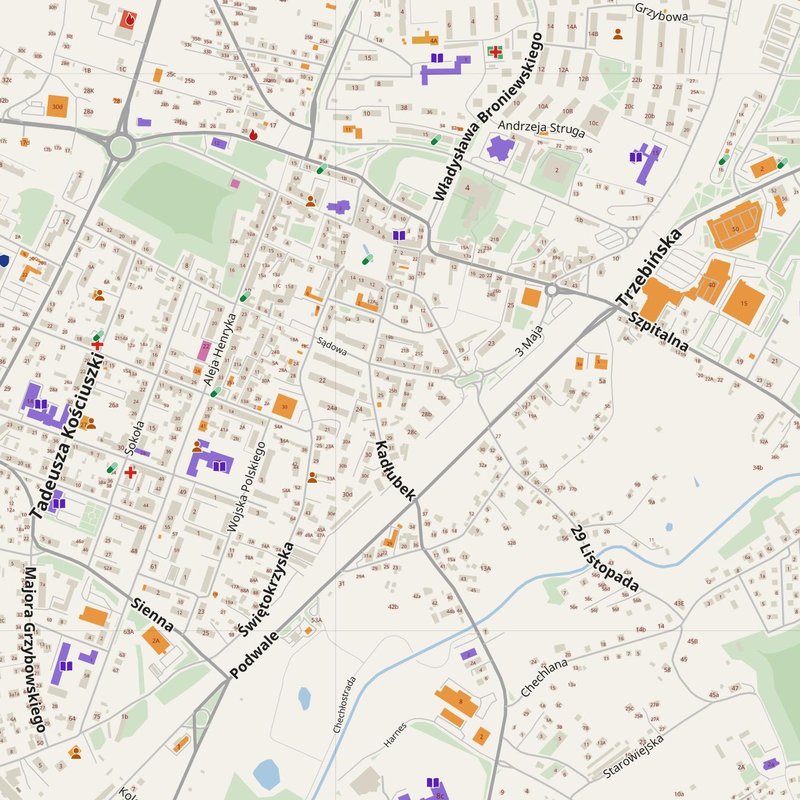 Chrzanów map with house numbers, hospitals, police and fire stations — printable PDF, Poland