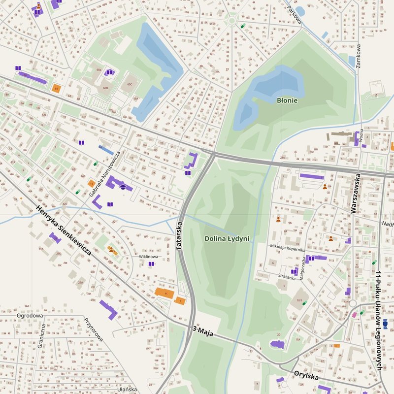 Ciechanów map with house numbers, hospitals, police and fire stations — printable PDF, Poland