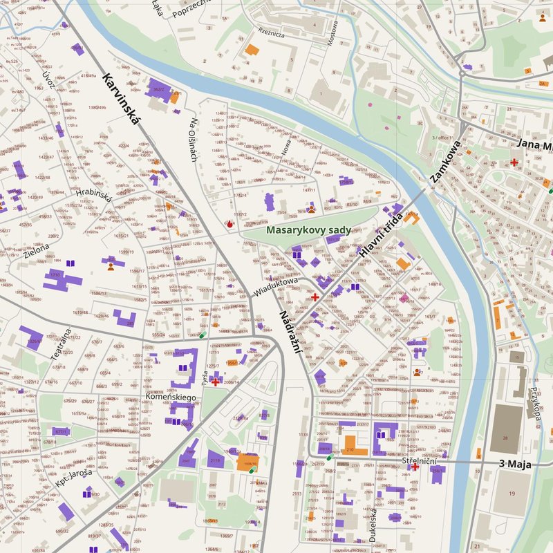 Cieszyn map with house numbers, hospitals, police and fire stations — printable PDF, Poland