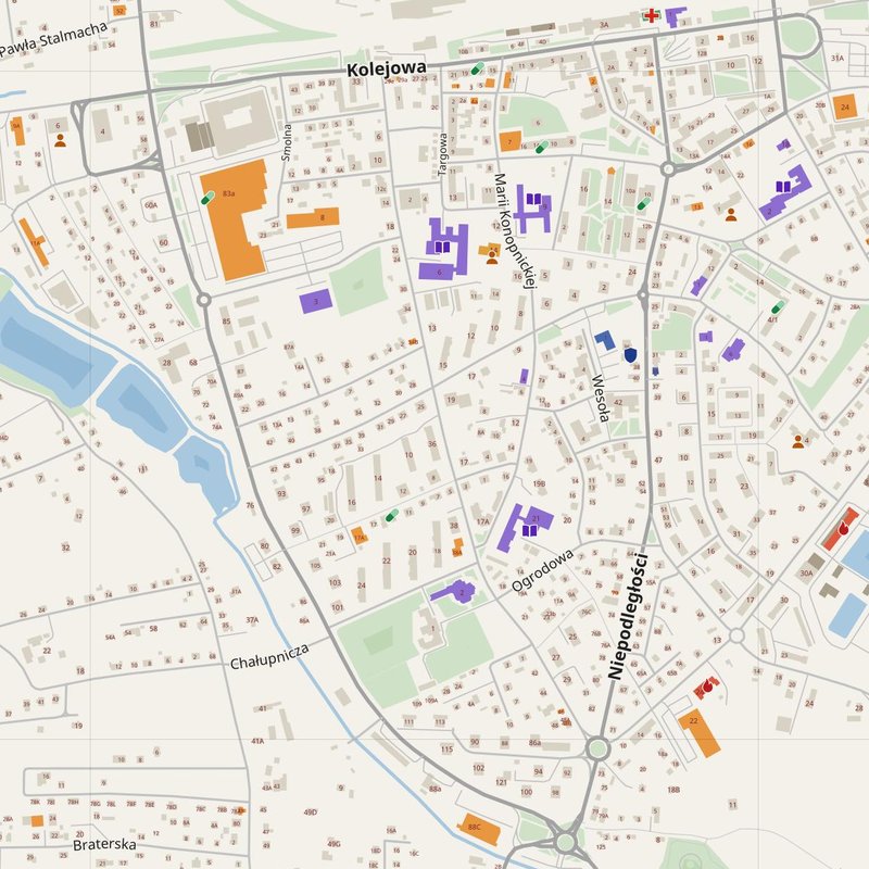 Czechowice-Dziedzice map with house numbers, hospitals, police and fire stations — printable PDF, Poland