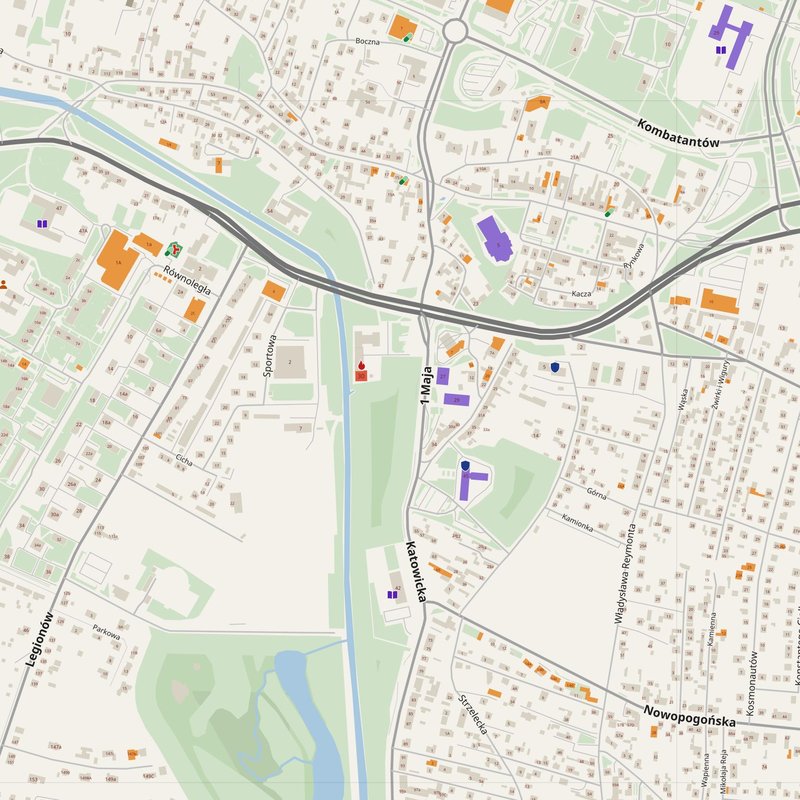 Czeladź map with house numbers, hospitals, police and fire stations — printable PDF, Poland