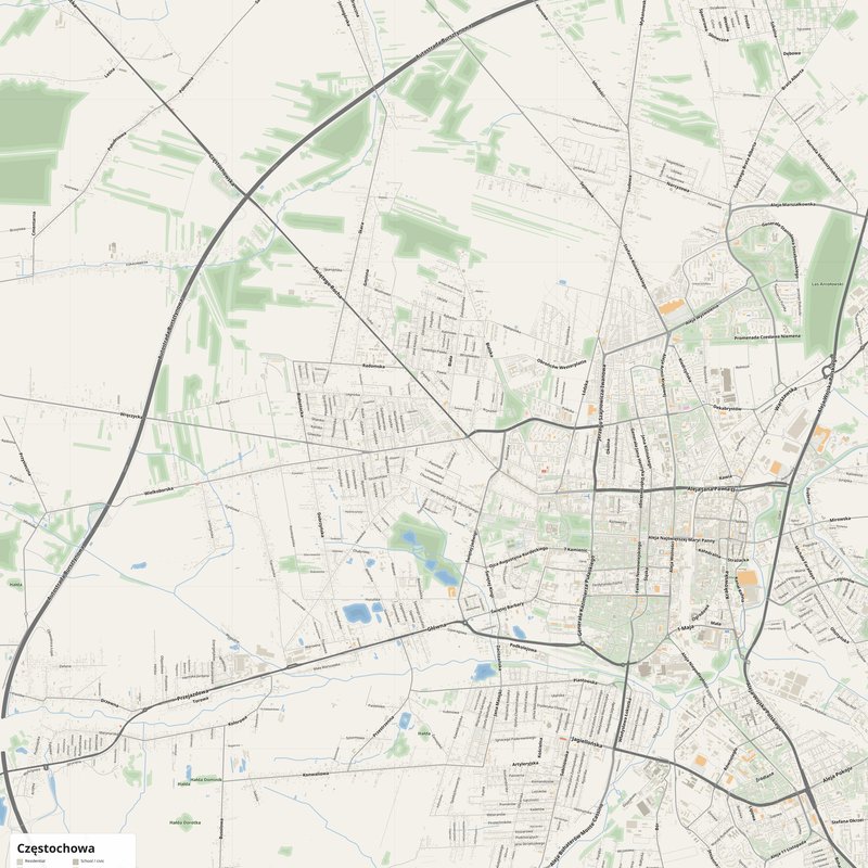 Częstochowa Map PDF — Printable Street Map Poster with House Numbers