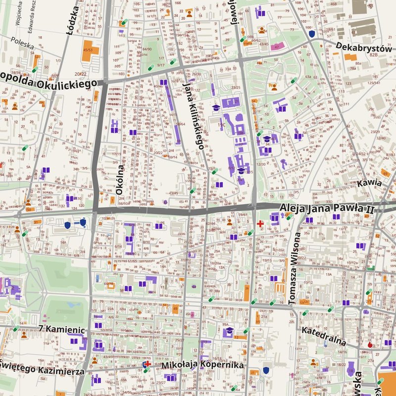 Częstochowa map with house numbers, hospitals, police and fire stations — printable PDF, Poland