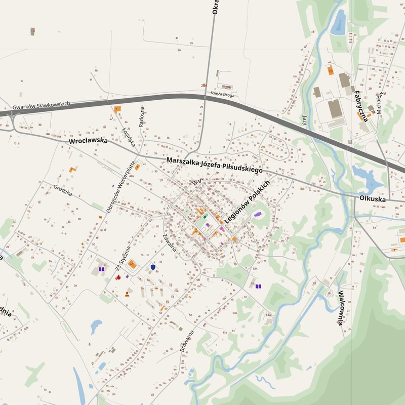 Dąbrowa Górnicza map with house numbers, hospitals, police and fire stations — printable PDF, Poland