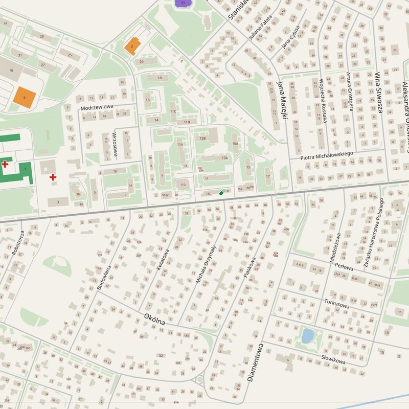Działdowo map with house numbers, hospitals, police and fire stations — printable PDF, Poland