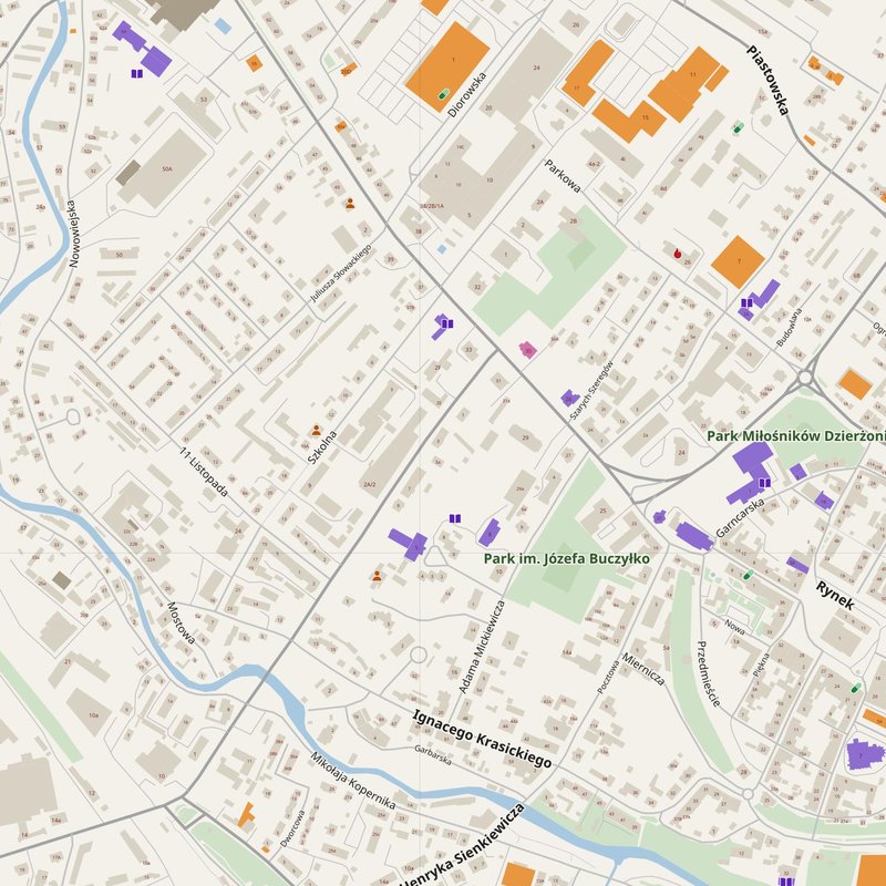 Dzierżoniów map with house numbers, hospitals, police and fire stations — printable PDF, Poland