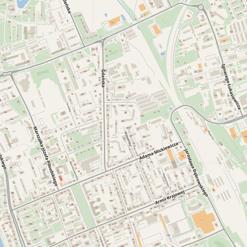 Ełk street map with house numbers — printable address map PDF, Poland