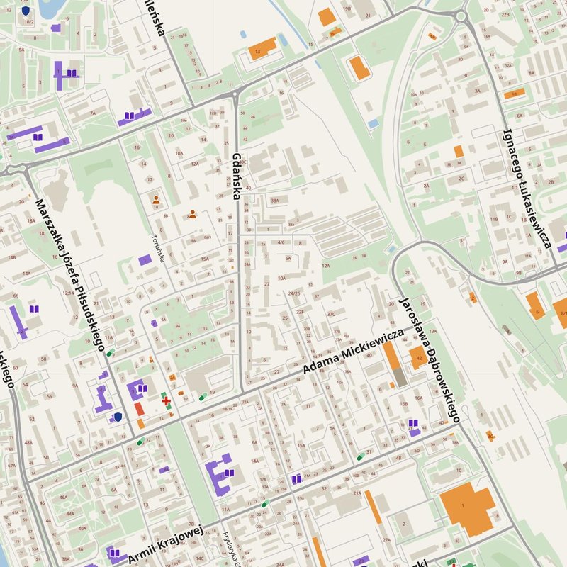Ełk map with house numbers, hospitals, police and fire stations — printable PDF, Poland