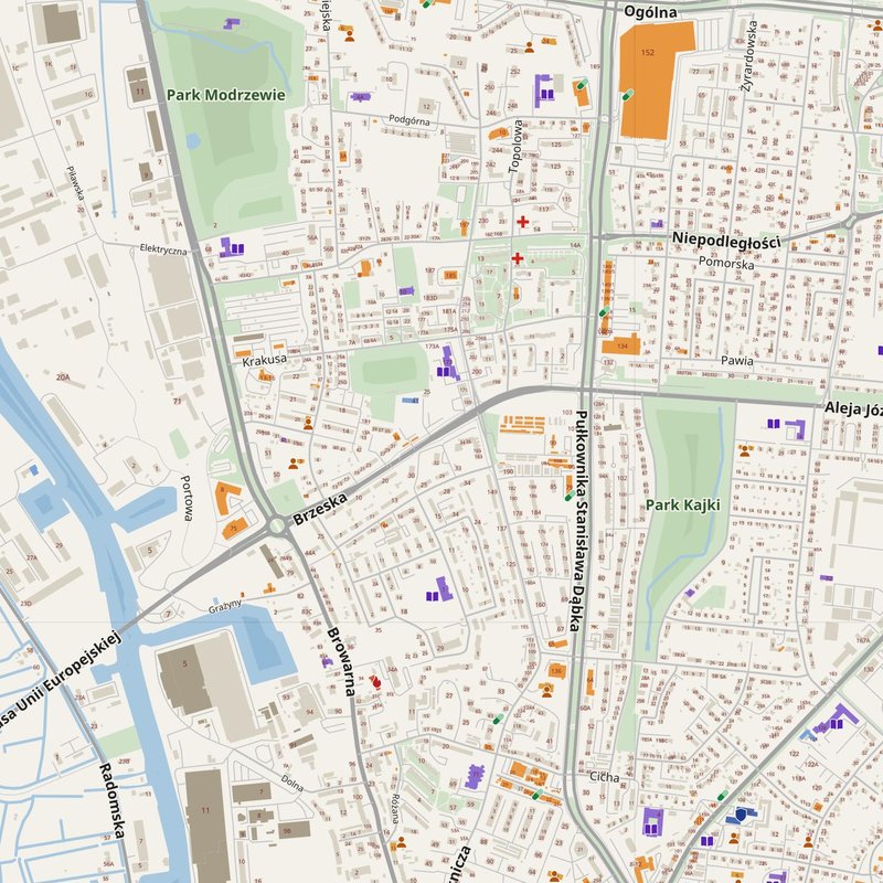 Elbląg map with house numbers, hospitals, police and fire stations — printable PDF, Poland
