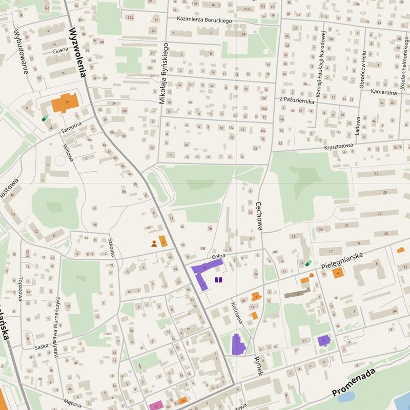 Fordon map with house numbers, hospitals, police and fire stations — printable PDF, Poland