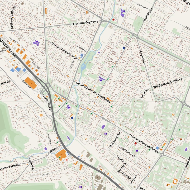 Gdynia map with house numbers, hospitals, police and fire stations — printable PDF, Poland