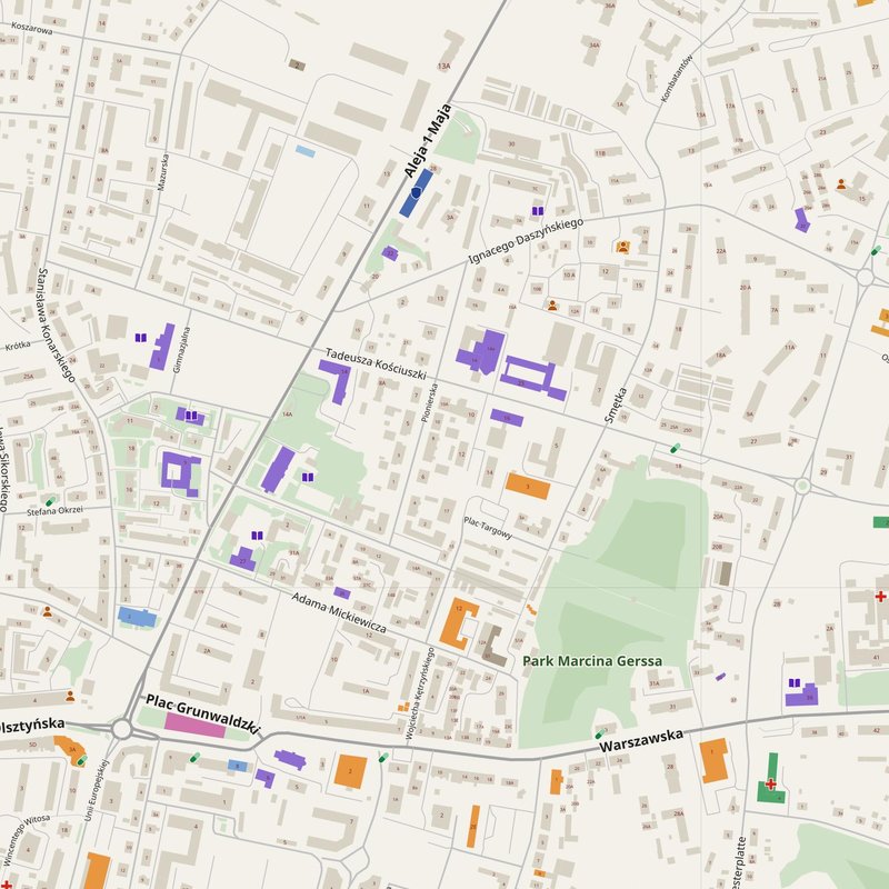 Giżycko map with house numbers, hospitals, police and fire stations — printable PDF, Poland
