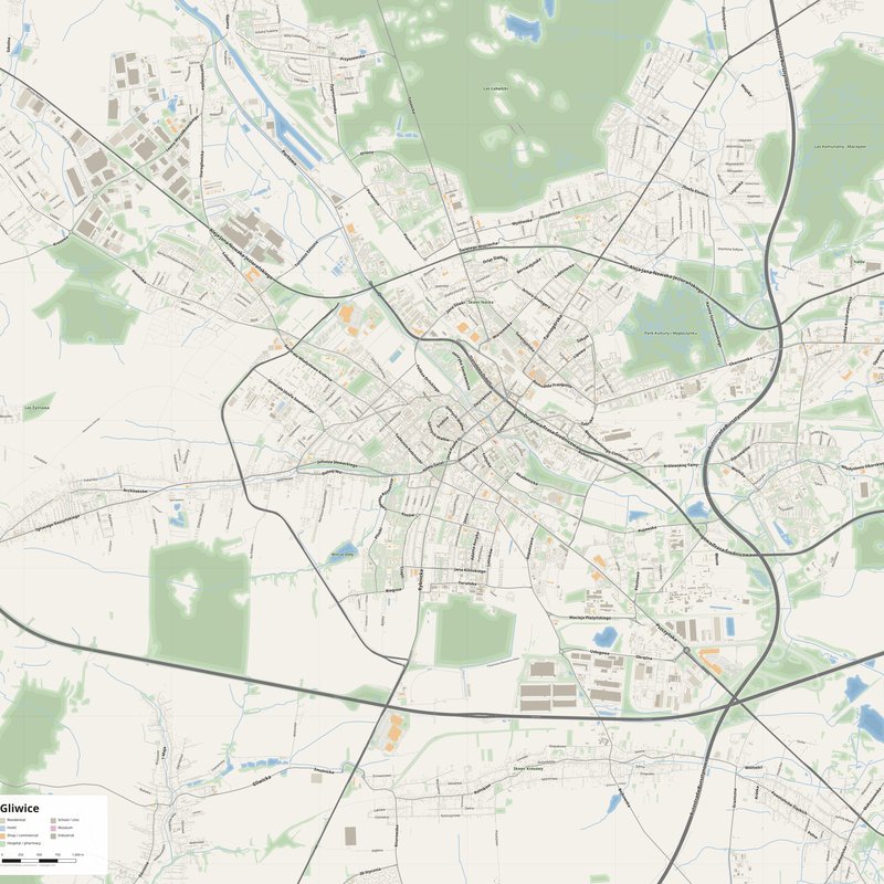 Gliwice Map PDF — Printable Street Map Poster with House Numbers