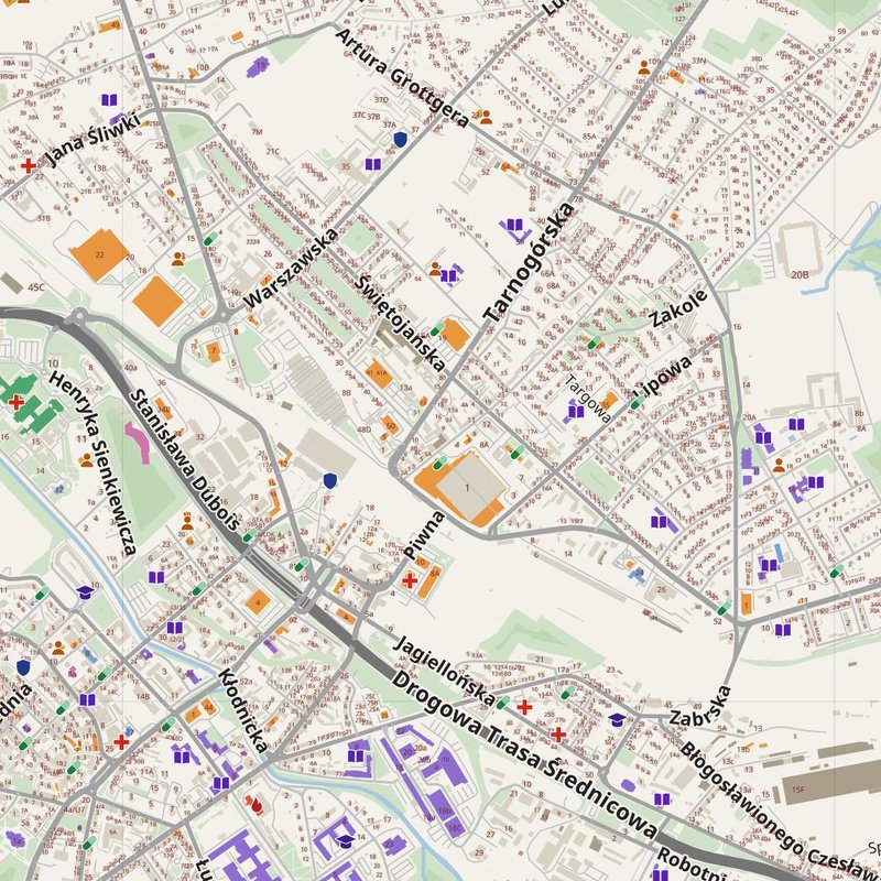 Gliwice map with house numbers, hospitals, police and fire stations — printable PDF, Poland