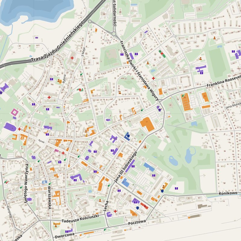 Gniezno map with house numbers, hospitals, police and fire stations — printable PDF, Poland