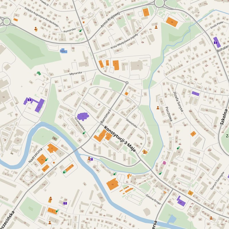 Goleniów map with house numbers, hospitals, police and fire stations — printable PDF, Poland